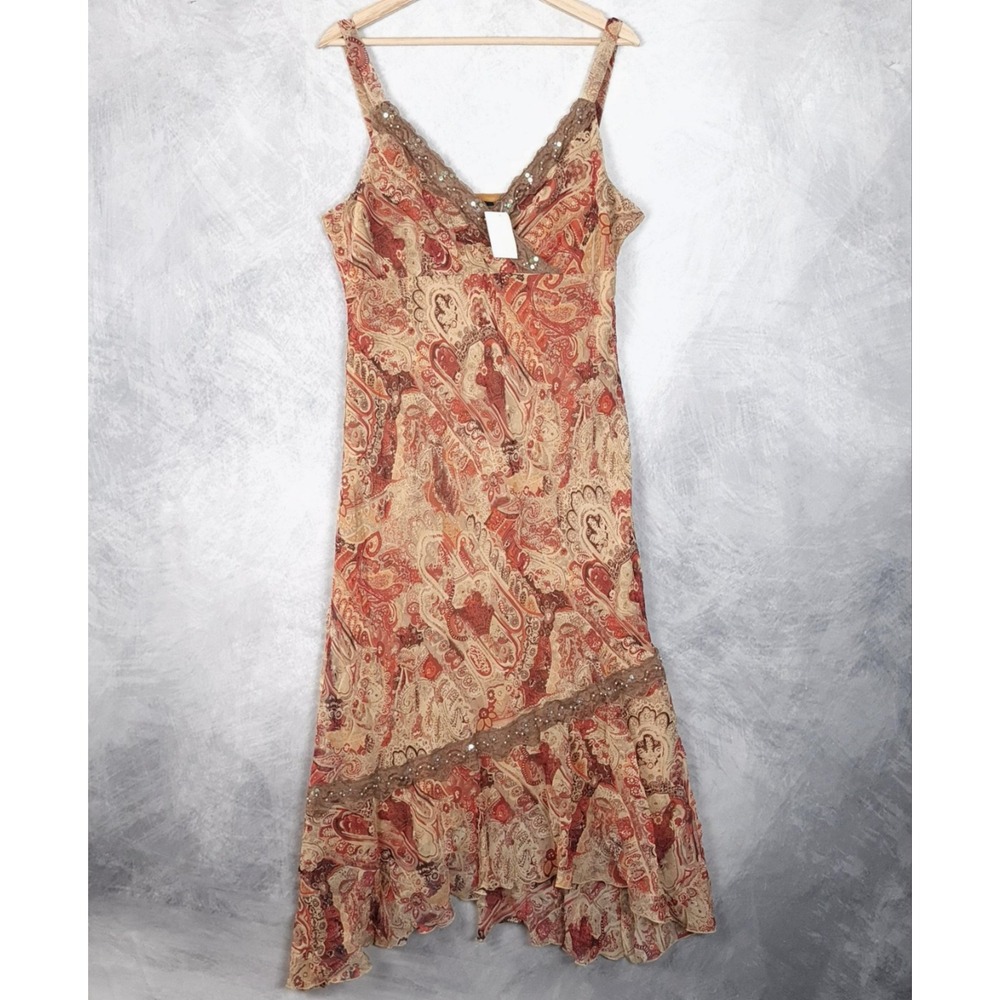 Vntg Y2K Whimsy Fairy Dress Womens 16 Paisley Chiffon Maxi Slip Sequin Lace
